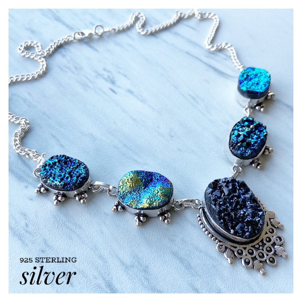 925 Sterling silver blue druzy chocker necklace - Picture 2 of 8